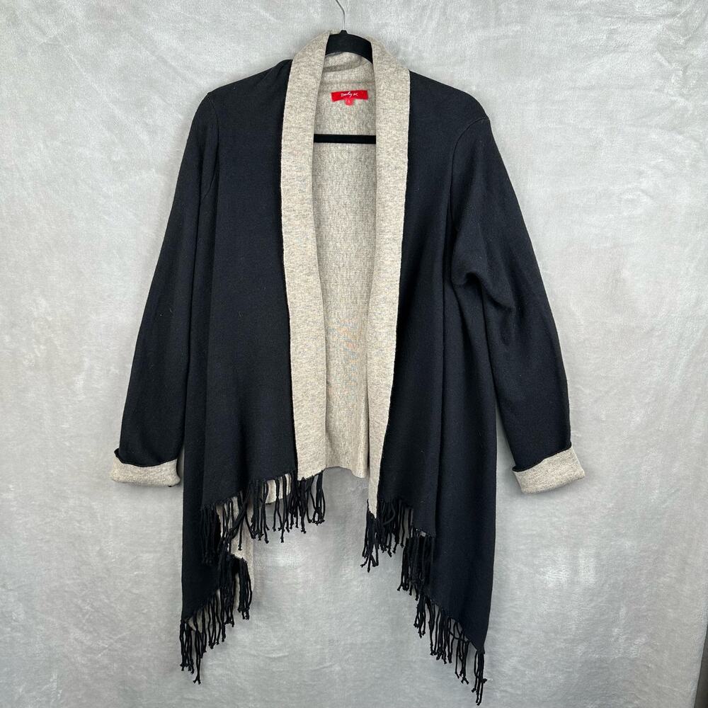 Derhy Sweater Womens Large Black Tan Open Front Cardigan Wool Blend Fringe Boho